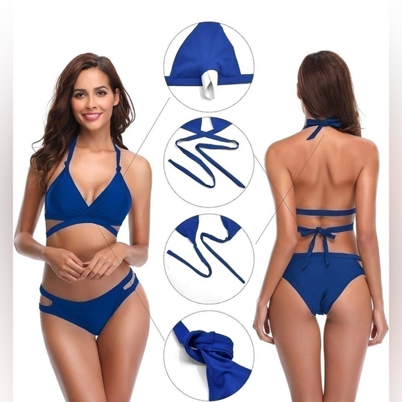 Shekini - Criss Cross Halter Bandage Bikini Strappy Wrap Two Piece Swimsuits. - Picture 4 of 5